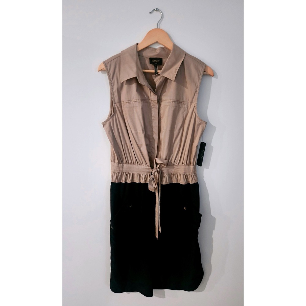 Laundry by Shelli Segal NWT Tan Black Colorblock Button Front Tie Waist Dress 12 - Picture 2 of 7